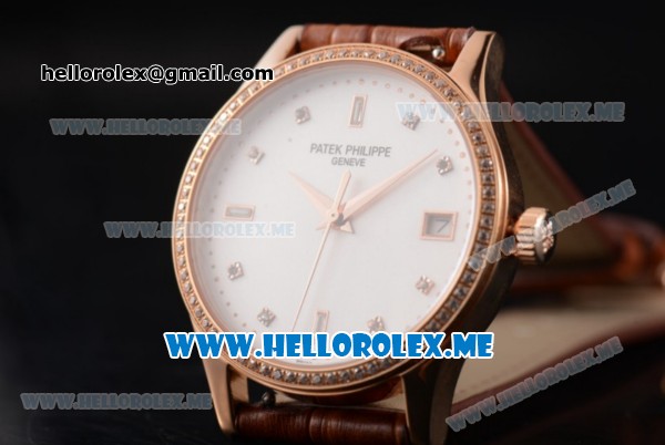 Patek Philippe Calatrava Miyota 9015 Automatic Rose Gold Case with White Dial Brown Leather Strap and Diamonds Markers Diamonds Bezel - Click Image to Close